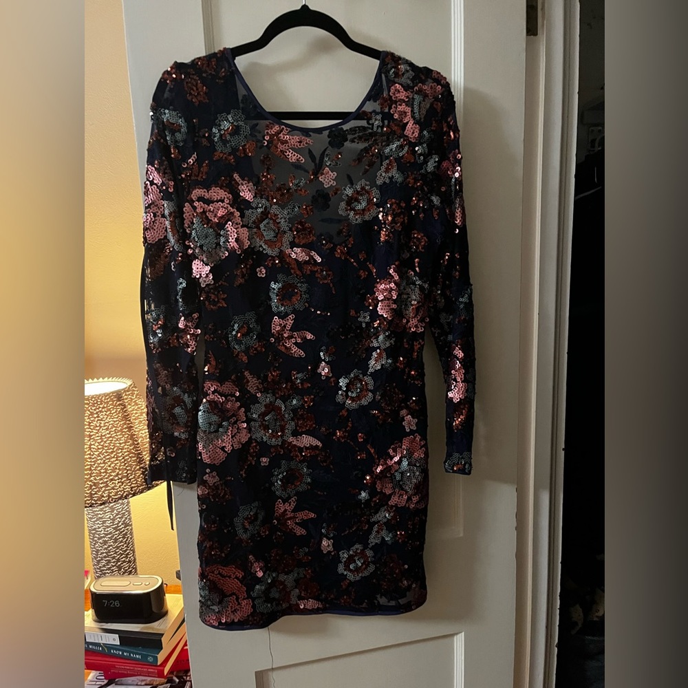 Anthropologie navy floral sequined dress